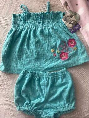 Carter's Teal Floral Embroidered Tank Top & Bloomers Set
